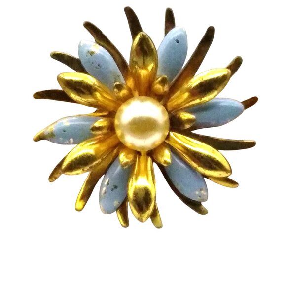 Dimensional Flower Brooch, Blue Enamel and Shiny Gold Tone Petals Pin with Pearl - Picture 1 of 4